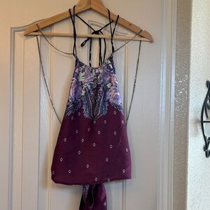 Free People Floral Backless Halter Top with Rhinestone Straps